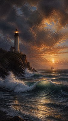 a lone lighthouse on a cliff at dusk under a dramatic sky, no text or lettering