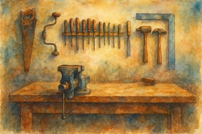 Walking into a workshop, a clean, but well-used work area with low light, I see a straight-on view of an old workbench with a vise mounted on it, with tools hanging on the wall behind it.  A handsaw, brace-and-bit, several different size and styles of screwdrivers, several chisels hanging in a rack together, a couple mallets and clawhammers, and particularly, a large carpenter's square.  