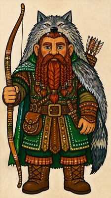 full-body original character: a dwarven ranger with a braided auburn beard, worn leather armor, a longbow and a wolf-pelt cloak, neutral background, no text