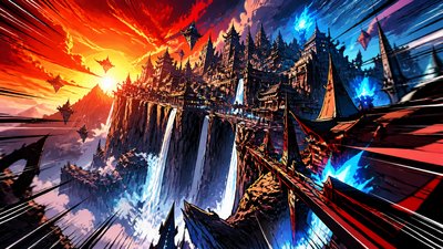 a cliffside city with waterfalls cascading into a misty canyon, wide establishing shot, no people, no text