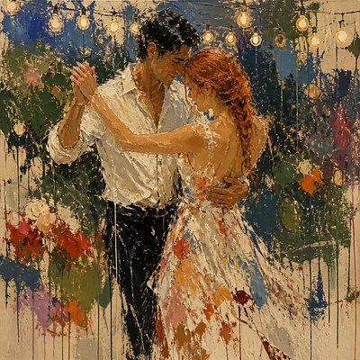 an original couple dancing under string lights in a garden at dusk: a man with short black hair in a linen shirt and a woman with braided red hair in a summer dress