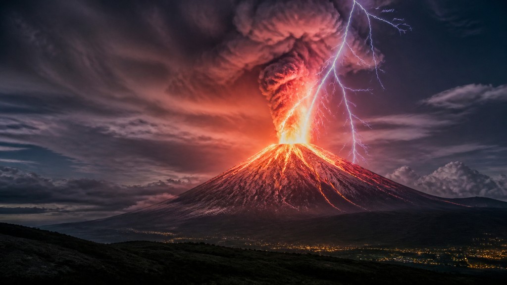 an erupting volcano with lightning strikes, dramatic wide composition, no text