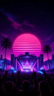 a live music scene with a glowing stage and silhouetted crowd, energetic vertical composition with open space at the top, no text