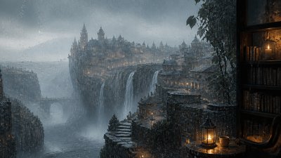 a cliffside city with waterfalls cascading into a misty canyon, wide establishing shot, no people, no text