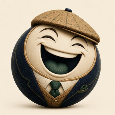 an exaggerated laughing face of an original round mascot character, bold and readable at small size, plain background, no text