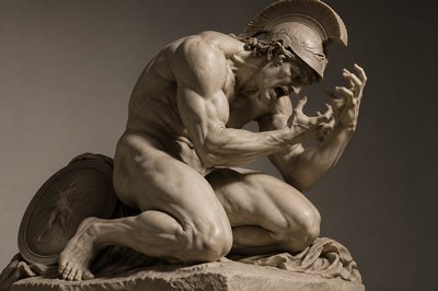 ancient greek ignudi Achilles crouching in pain with his hands raised in agony