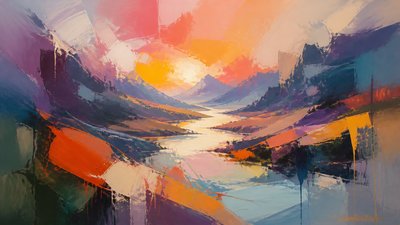a vast valley with a river winding toward distant mountains at sunrise, no people, no text