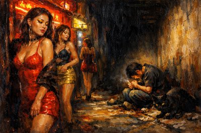 An Asian Slice
At the dark end of an alley on a moonless night,
A youth squats low to the ground, turned toward the wall with his face in his lap.  Someone might think he’s sleeping.  He’s smoking heroin.  Soon he’ll fall over and soil himself, and stay right there until dawn.

Back at the neon-lit mouth of this dark alley, 
hookers walk back and forth, hurrying to get past the alley, either for fear or because is smells so bad.  Eyelids, all painted golden, Asian whores always look like they’re made of candy.  Candy it is; but a snarling cat awaits its prey.
