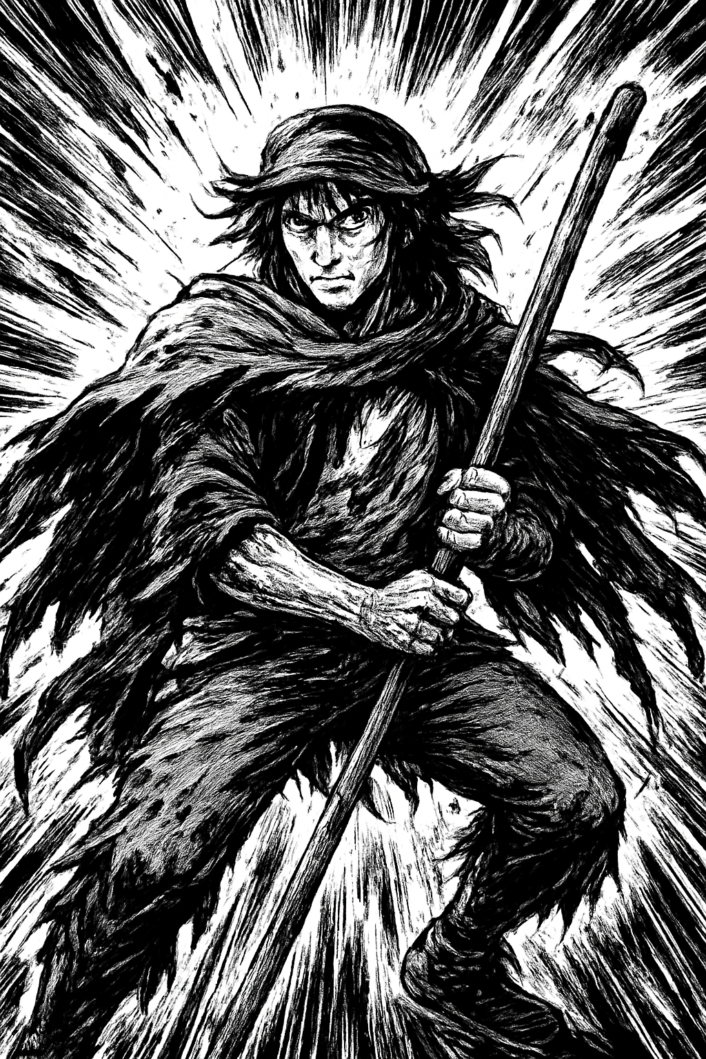 a black and white drawing of a man holding a stick