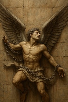 a statue of a man with chains around his ankles