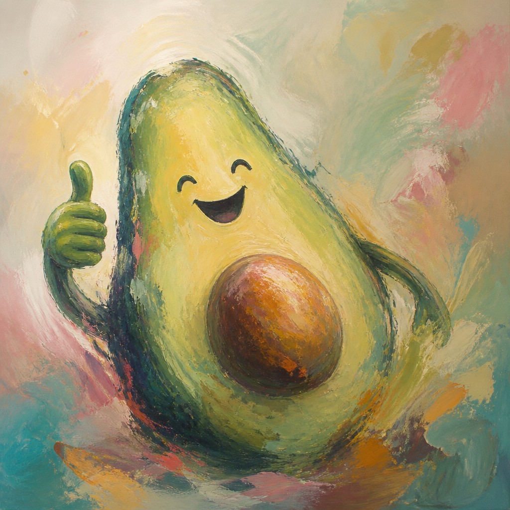 a happy avocado character giving a thumbs up, bold readable design on a plain background, no text