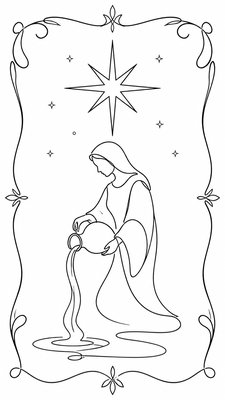 a robed figure pouring water beneath a large eight-pointed star in a night sky, symmetrical composition with an ornate decorative border, no text