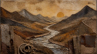 a vast valley with a river winding toward distant mountains at sunrise, no people, no text