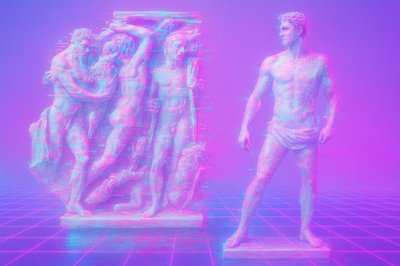 a man standing next to a statue on a pink and blue background