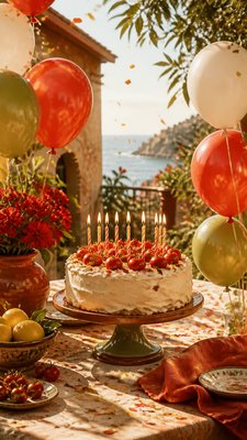 a birthday cake with lit candles surrounded by balloons and confetti, festive vertical composition, no text