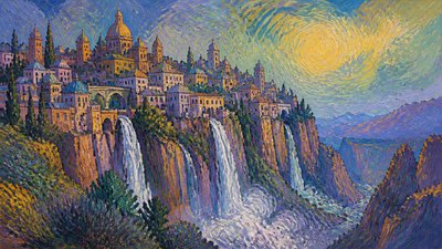 a cliffside city with waterfalls cascading into a misty canyon, wide establishing shot, no people, no text