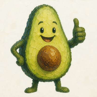 a happy avocado character giving a thumbs up, bold readable design on a plain background, no text