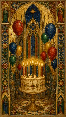 a birthday cake with lit candles surrounded by balloons and confetti, festive vertical composition, no text