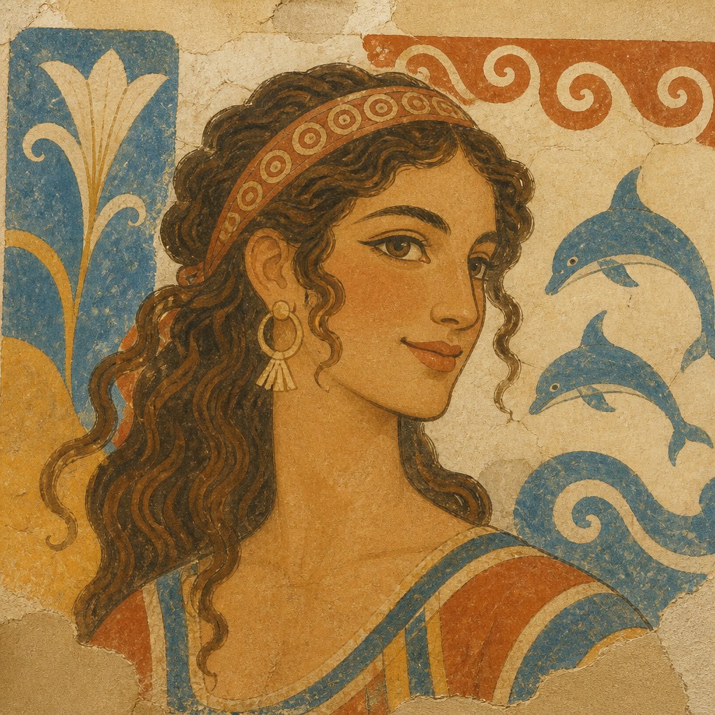 head-and-shoulders portrait of an original character: a young woman with wavy chestnut hair and a warm smile, plain soft backdrop