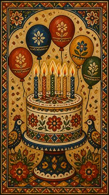 a birthday cake with lit candles surrounded by balloons and confetti, festive vertical composition, no text