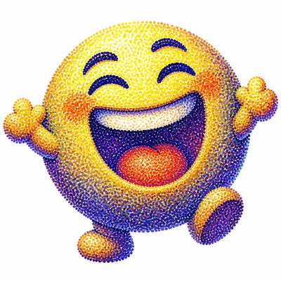 an exaggerated laughing face of an original round mascot character, bold and readable at small size, plain background, no text