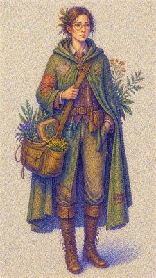 full-body original character: a wandering botanist with a satchel of plants, a patched green cloak, tall boots and round glasses, neutral background