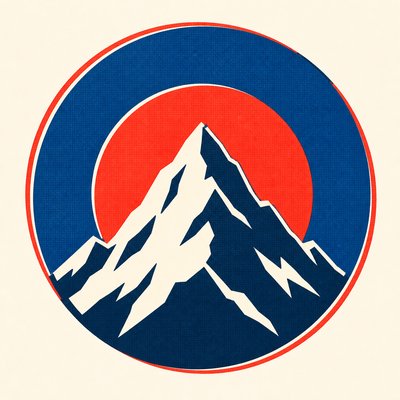 an emblem of a mountain peak inside a circle, simple bold shapes on a plain background, no text or lettering