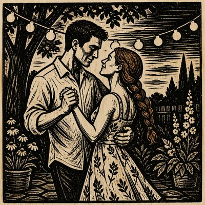 an original couple dancing under string lights in a garden at dusk: a man with short black hair in a linen shirt and a woman with braided red hair in a summer dress