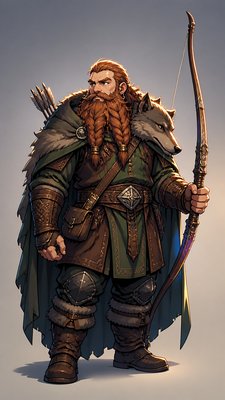 full-body original character: a dwarven ranger with a braided auburn beard, worn leather armor, a longbow and a wolf-pelt cloak, neutral background, no text