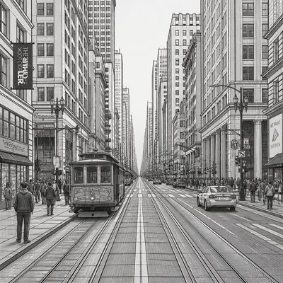 urban street with city activity — Linear Perspective Art Style