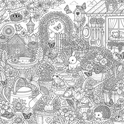 a garden scene with butterflies, flowers and a watering can, clean uncolored line art, no text