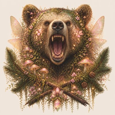 a roaring bear head above crossed pine branches, bold graphic composition on a plain background, no text