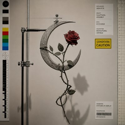 a rose entwined with a crescent moon, clean balanced composition on a plain background, no text