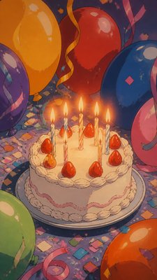 a birthday cake with lit candles surrounded by balloons and confetti, festive vertical composition, no text