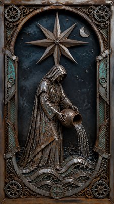 a robed figure pouring water beneath a large eight-pointed star in a night sky, symmetrical composition with an ornate decorative border, no text