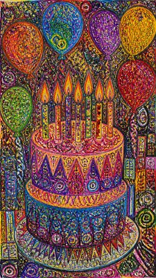 a birthday cake with lit candles surrounded by balloons and confetti, festive vertical composition, no text