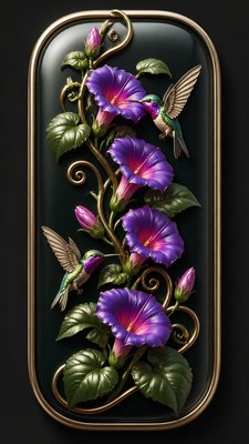 a climbing vine of flowers and hummingbirds on a dark background, tall wrapping composition, no text