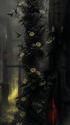 a climbing vine of flowers and hummingbirds on a dark background, tall wrapping composition, no text