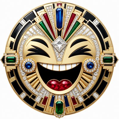 an exaggerated laughing face of an original round mascot character, bold and readable at small size, plain background, no text