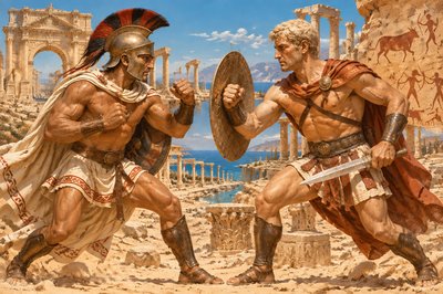 a painting of two men fighting over a shield