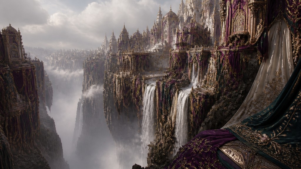 a cliffside city with waterfalls cascading into a misty canyon, wide establishing shot, no people, no text