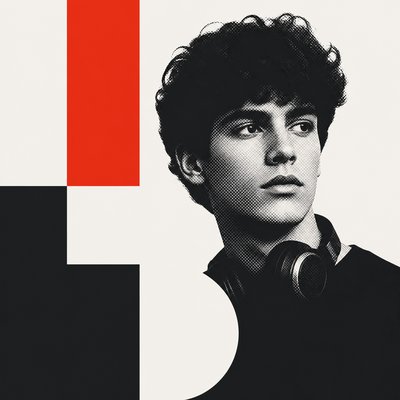 head-and-shoulders portrait of an original character: a young man with curly dark hair and headphones around his neck, plain backdrop, no text