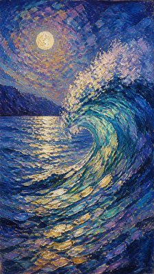 an ocean wave curling under moonlight, no people