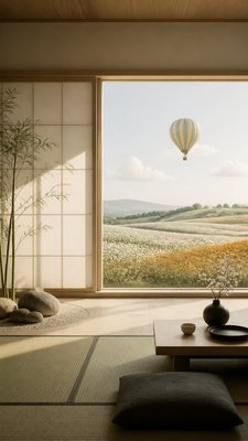 a hot air balloon drifting over rolling flower fields on a sunny day, cheerful, no text