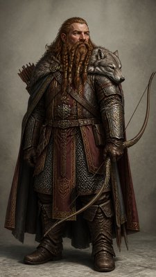 full-body original character: a dwarven ranger with a braided auburn beard, worn leather armor, a longbow and a wolf-pelt cloak, neutral background, no text