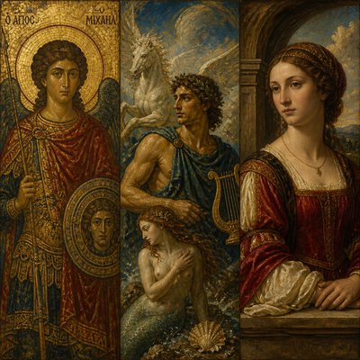 create a design the combines byzantine, Greek mythology and renaissance each era isolated