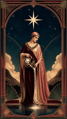 a robed figure pouring water beneath a large eight-pointed star in a night sky, symmetrical composition with an ornate decorative border, no text