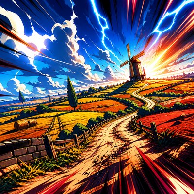 wide landscape of rolling farmland with hedgerows, a dirt road and a distant windmill under a big sky, no people and no animals