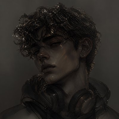 head-and-shoulders portrait of an original character: a young man with curly dark hair and headphones around his neck, plain backdrop, no text