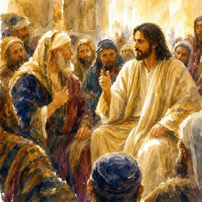 a painting of jesus talking to a group of people